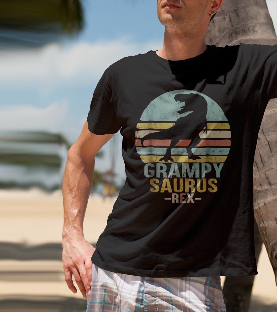 Grampysaurus Rex Funny Dinosaur Retro Sunset Stripes Grampy Sau T-Shirt
