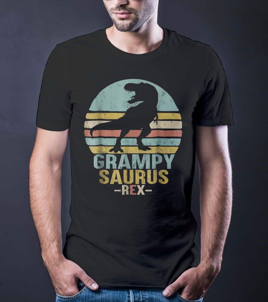 Grampysaurus Rex Funny Dinosaur Retro Sunset Stripes Grampy Sau T-Shirt