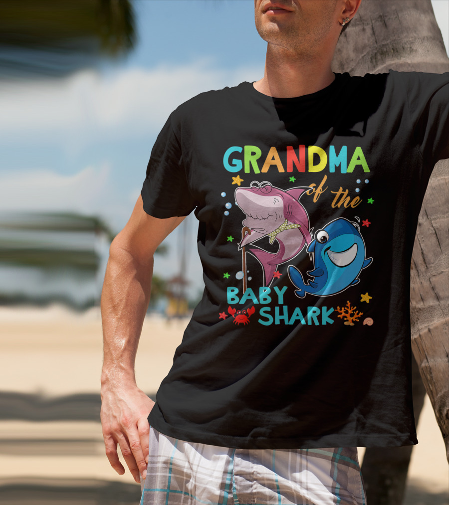 Grandma Of The Baby Shark With Colorful Cartoon Sharks And Sea Creatures T-Shirt