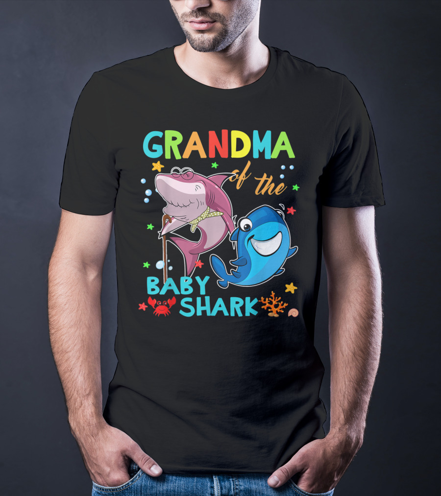 Grandma Of The Baby Shark With Colorful Cartoon Sharks And Sea Creatures T-Shirt