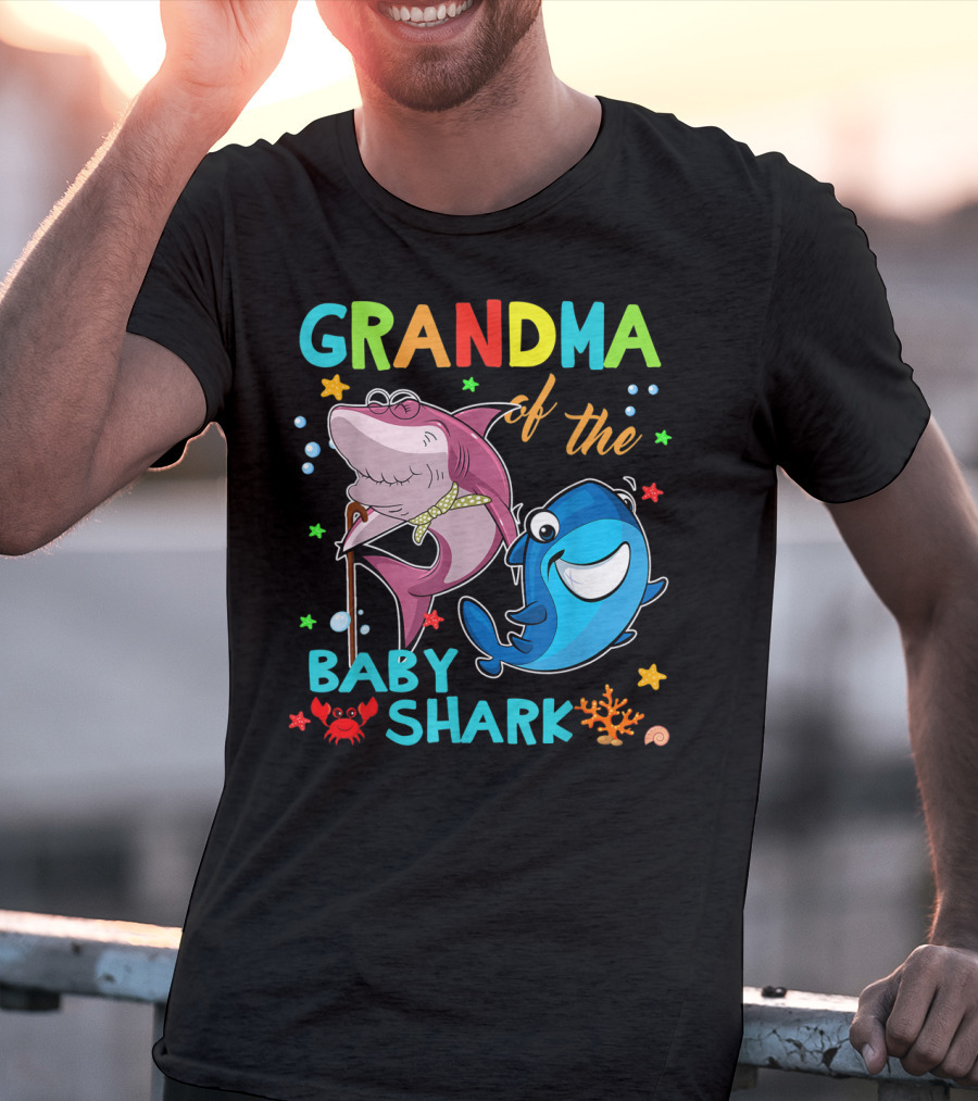 Grandma Of The Baby Shark With Colorful Cartoon Sharks And Sea Creatures T-Shirt
