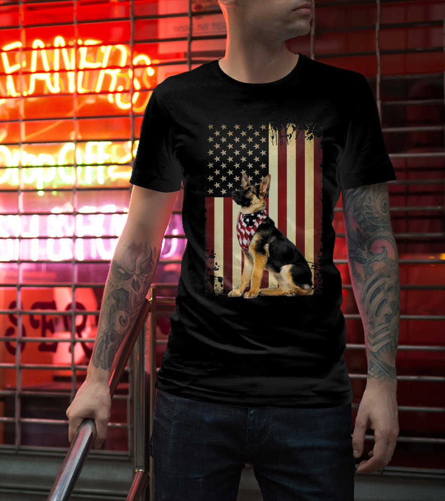 German Shepherd With American Flag Bandana In Front Of Stars And Stripes Flag T-Shirt