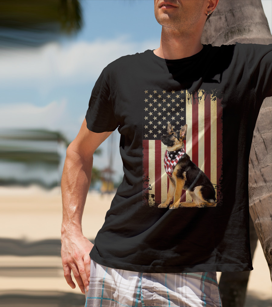 German Shepherd With American Flag Bandana In Front Of Stars And Stripes Flag T-Shirt