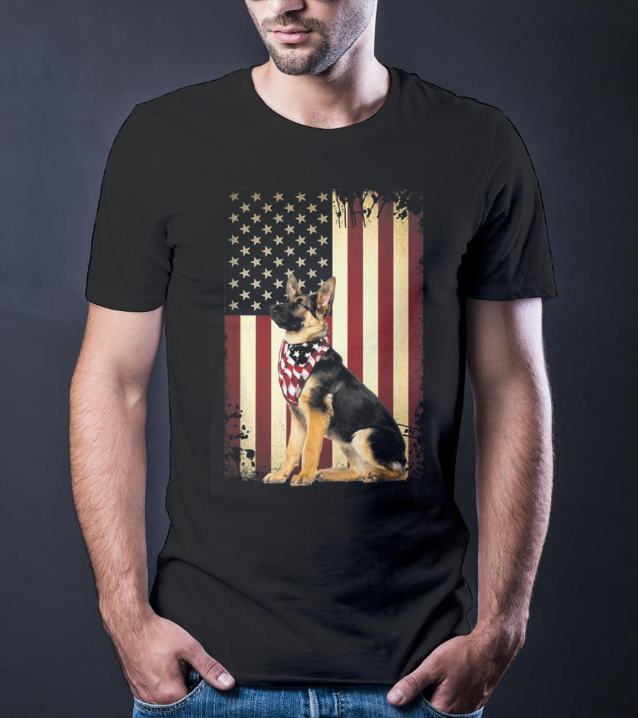 German Shepherd With American Flag Bandana In Front Of Stars And Stripes Flag T-Shirt