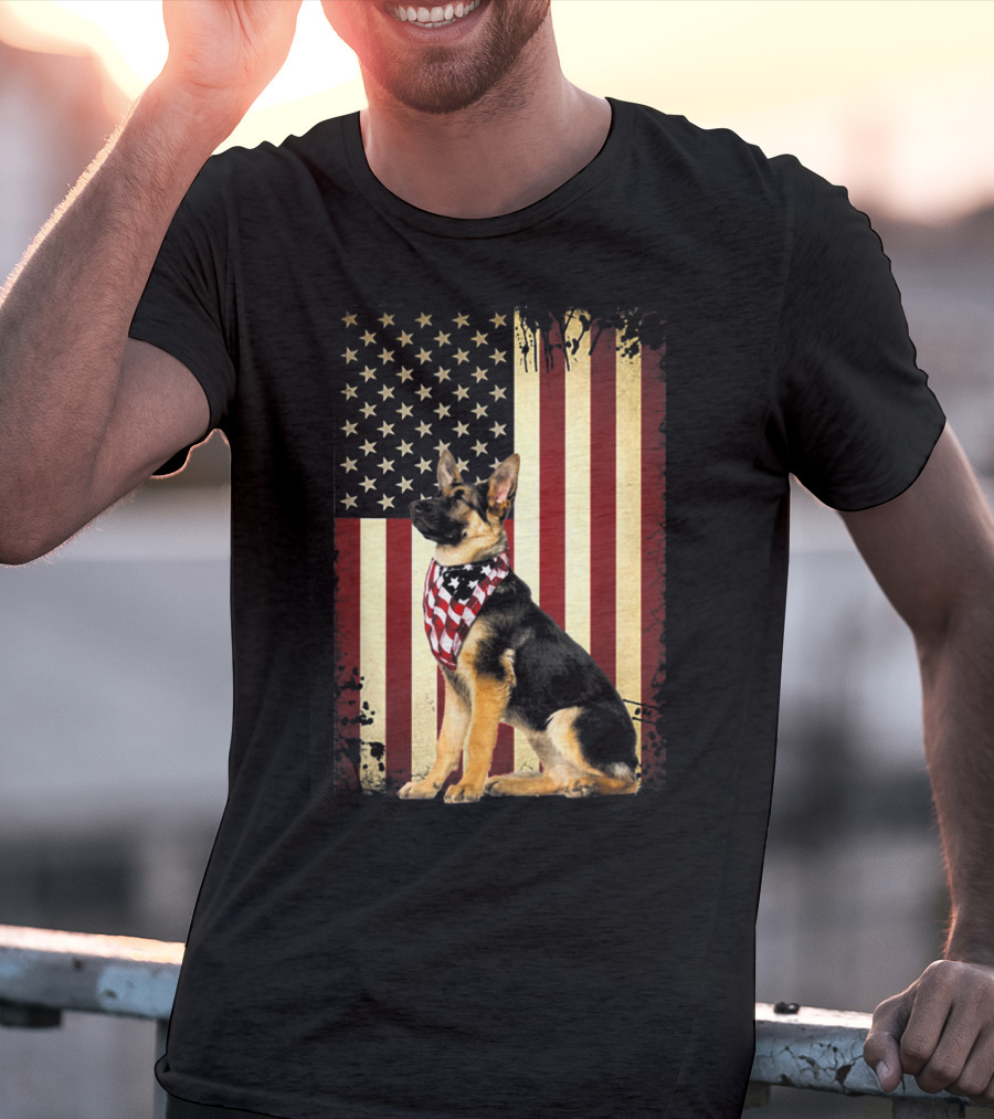 German Shepherd With American Flag Bandana In Front Of Stars And Stripes Flag T-Shirt