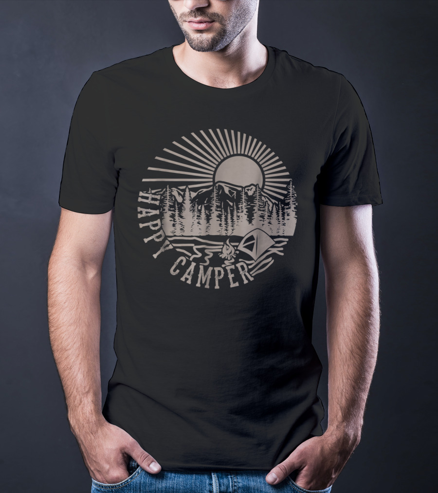 Happy Camper With Tent, Trees, Mountains, And Sunburst T-Shirt