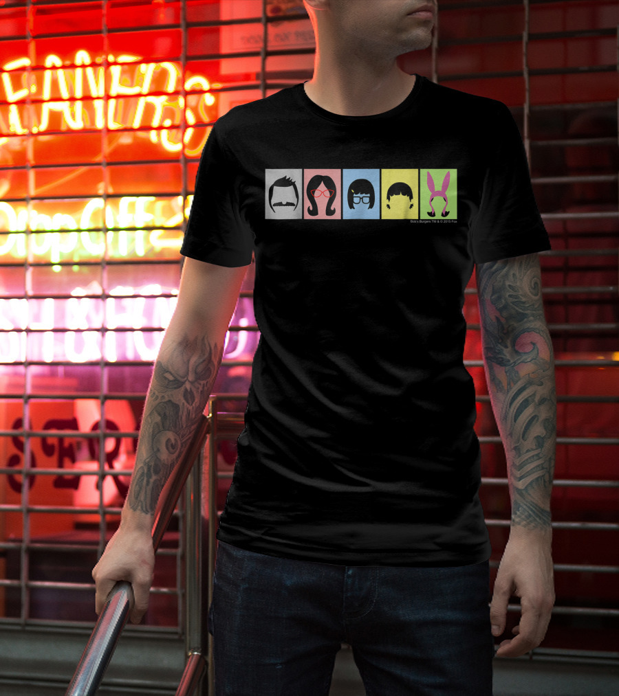 Bob's Burgers Characters Hair And Hats On Color Blocks T-Shirt