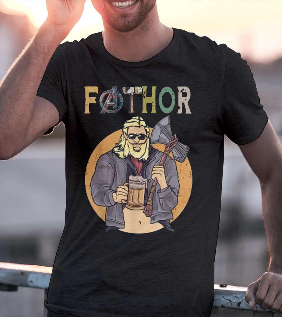 Fathor Avenger Beer Drinking Dad With Axe And Hammer T-Shirt
