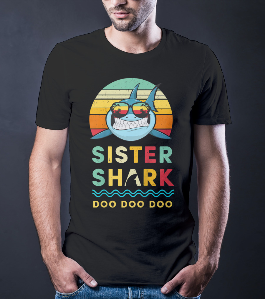 Sister Shark Doo Doo Doo Kids Toddlers Girls Retro Shark Sunglasses T-Shirt