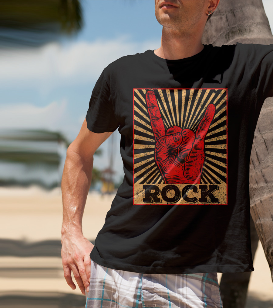 Vintage Rock N Roll Concert Band Hand Gesture Icon With Rock Text T-Shirt