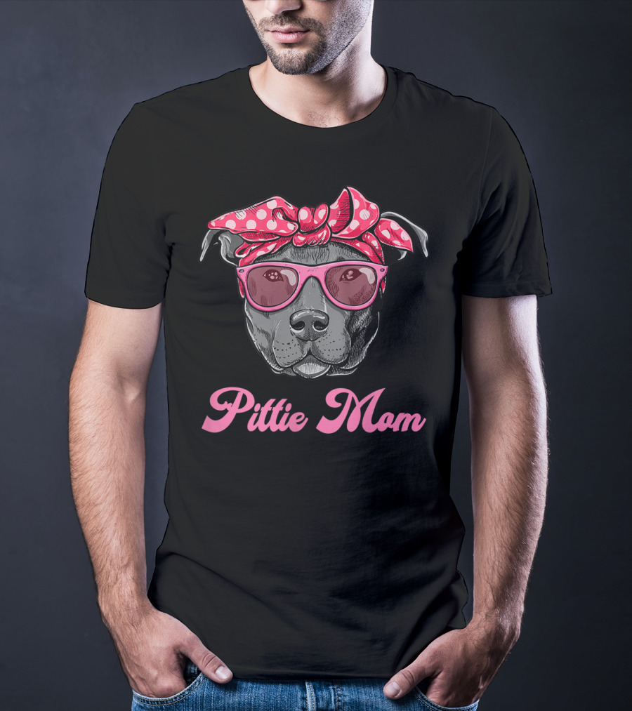 Pittie Mom Pitbull Dog With Polka Dot Bandana And Sunglasses T-Shirt