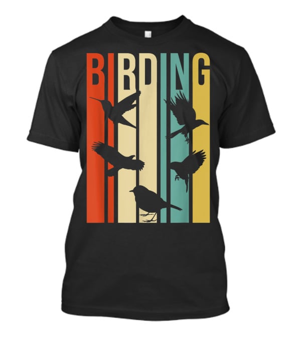 Vintage Style Birding For Birders With Silhouette Birds In Colorful Stripes T-Shirt