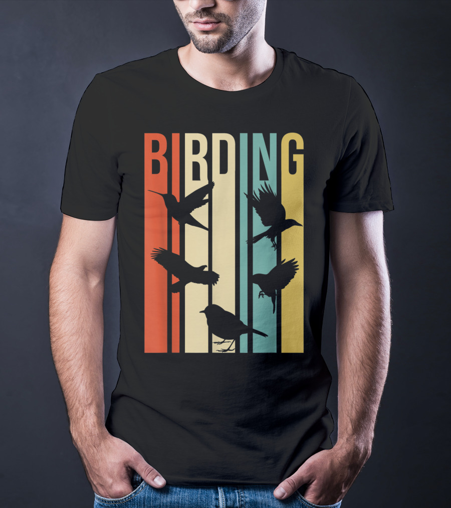 Vintage Style Birding For Birders With Silhouette Birds In Colorful Stripes T-Shirt