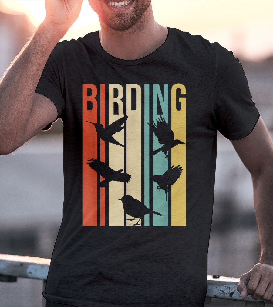 Vintage Style Birding For Birders With Silhouette Birds In Colorful Stripes T-Shirt
