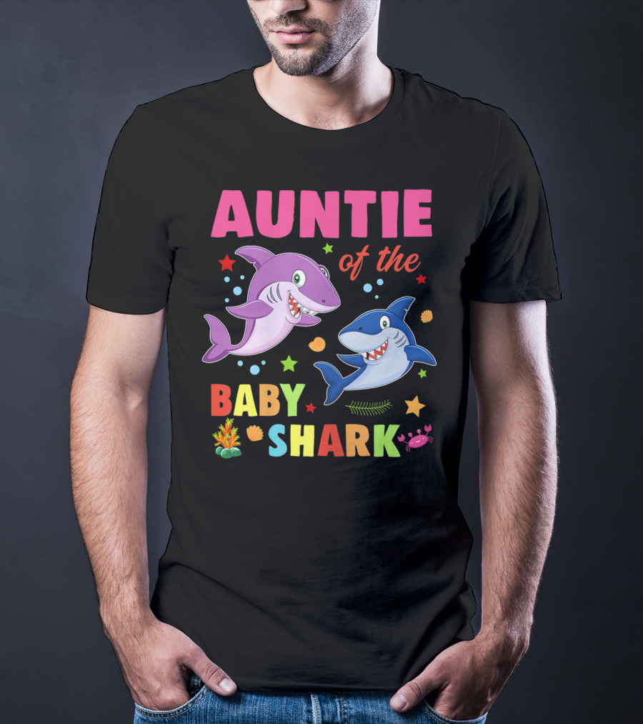Auntie Of The Baby Shark Birthday Colorful Cartoon Sea Creatures T-Shirt