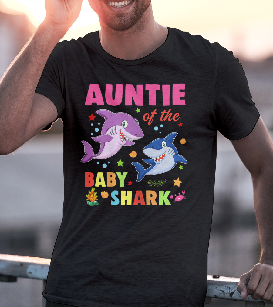 Auntie Of The Baby Shark Birthday Colorful Cartoon Sea Creatures T-Shirt