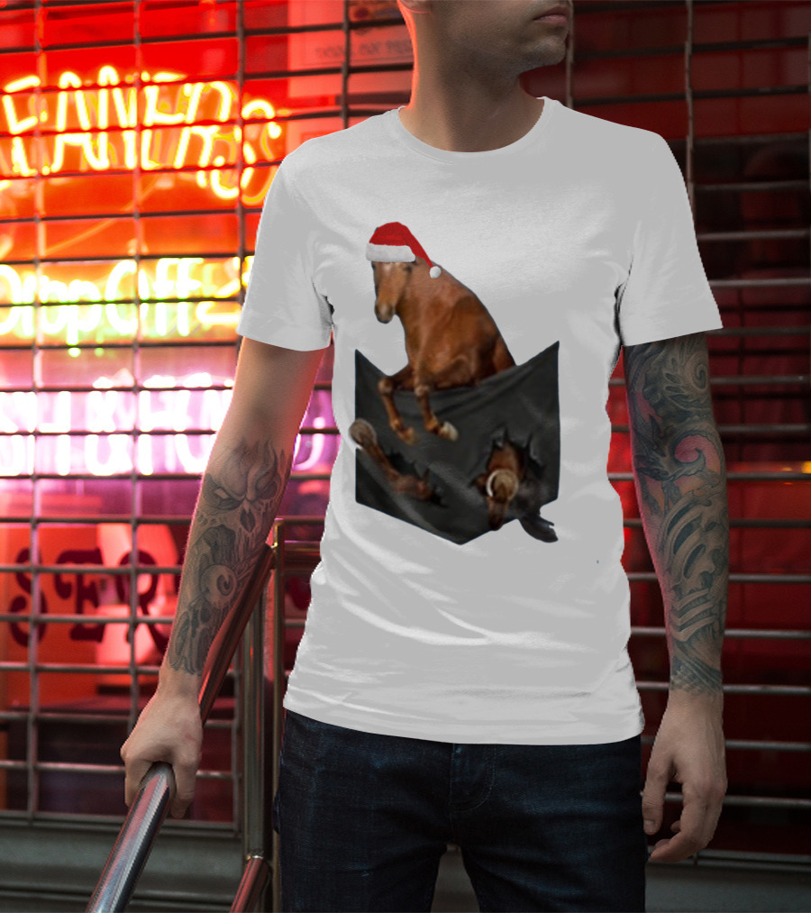 Santa Hat Criollo Horse Bursting From Pocket T-Shirt