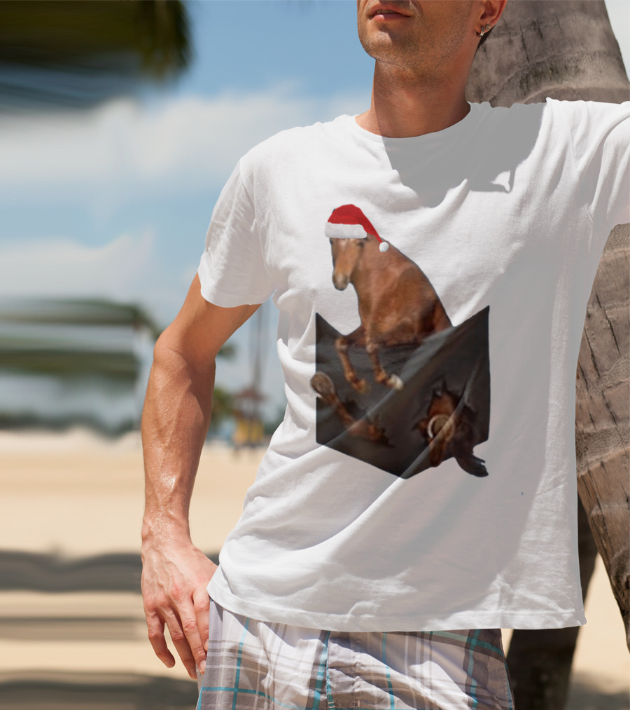 Santa Hat Criollo Horse Bursting From Pocket T-Shirt