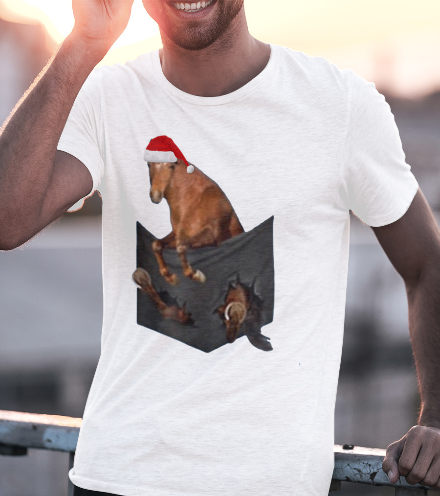 Santa Hat Criollo Horse Bursting From Pocket T-Shirt