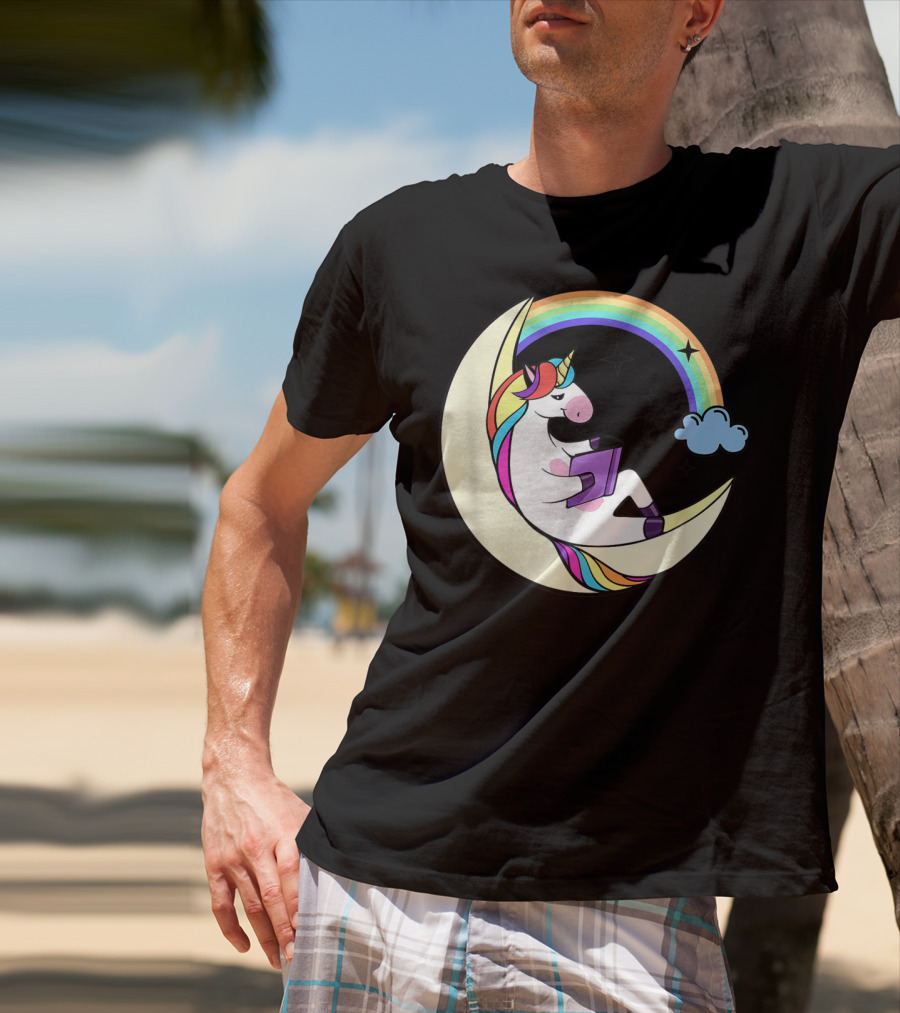 Unicorn Reading Book On Moon With Rainbow And Stars T-Shirt