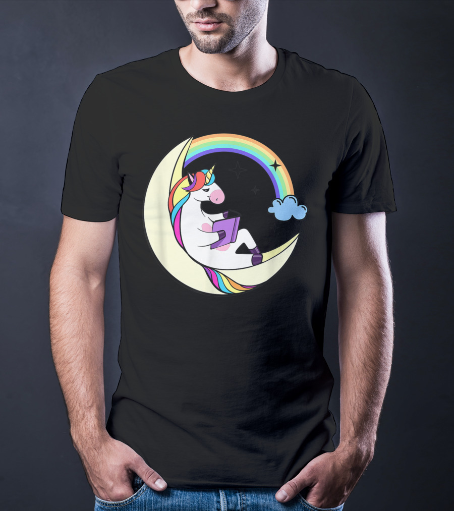 Unicorn Reading Book On Moon With Rainbow And Stars T-Shirt
