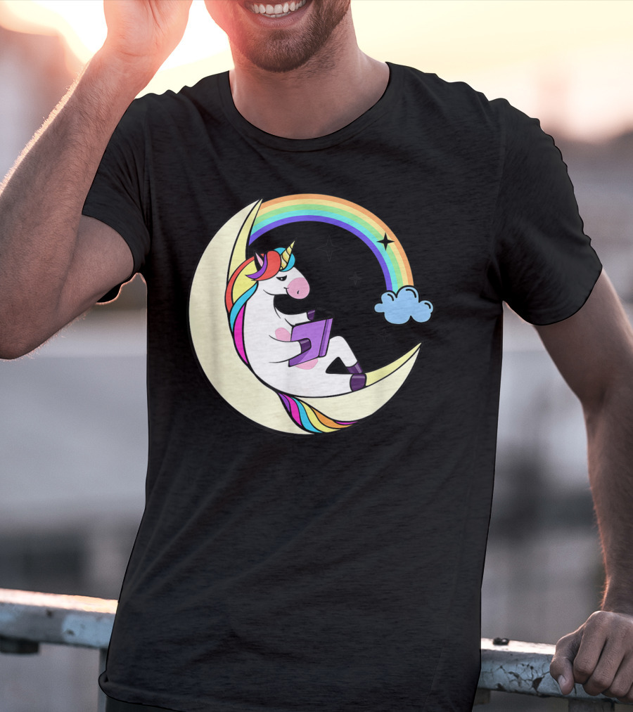 Unicorn Reading Book On Moon With Rainbow And Stars T-Shirt