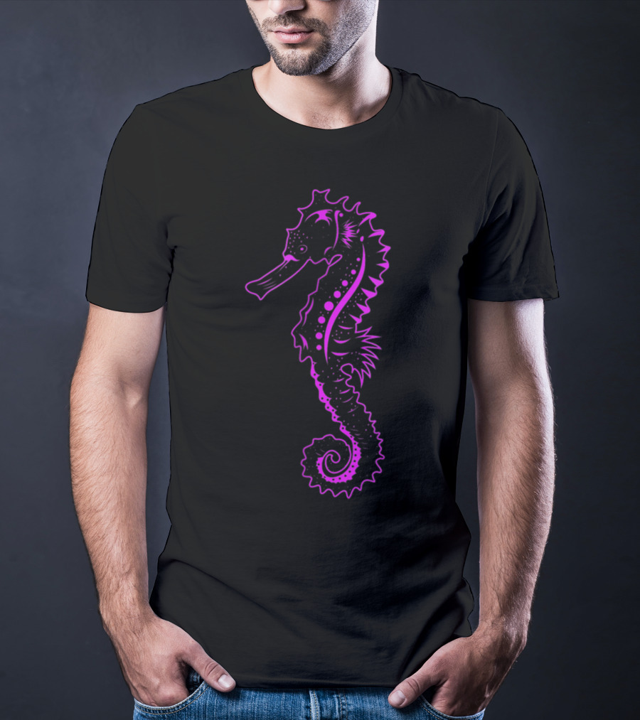 Cute Seahorse Sea Horse Neon Purple Black Sea Creature T-Shirt