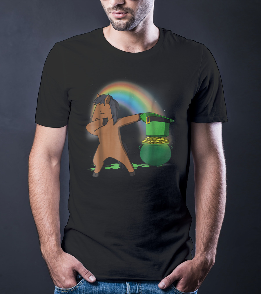 Dabbing Horse Leprechaun With Pot Of Gold And Rainbow T-Shirt