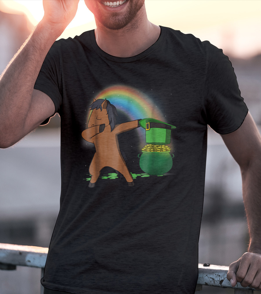 Dabbing Horse Leprechaun With Pot Of Gold And Rainbow T-Shirt