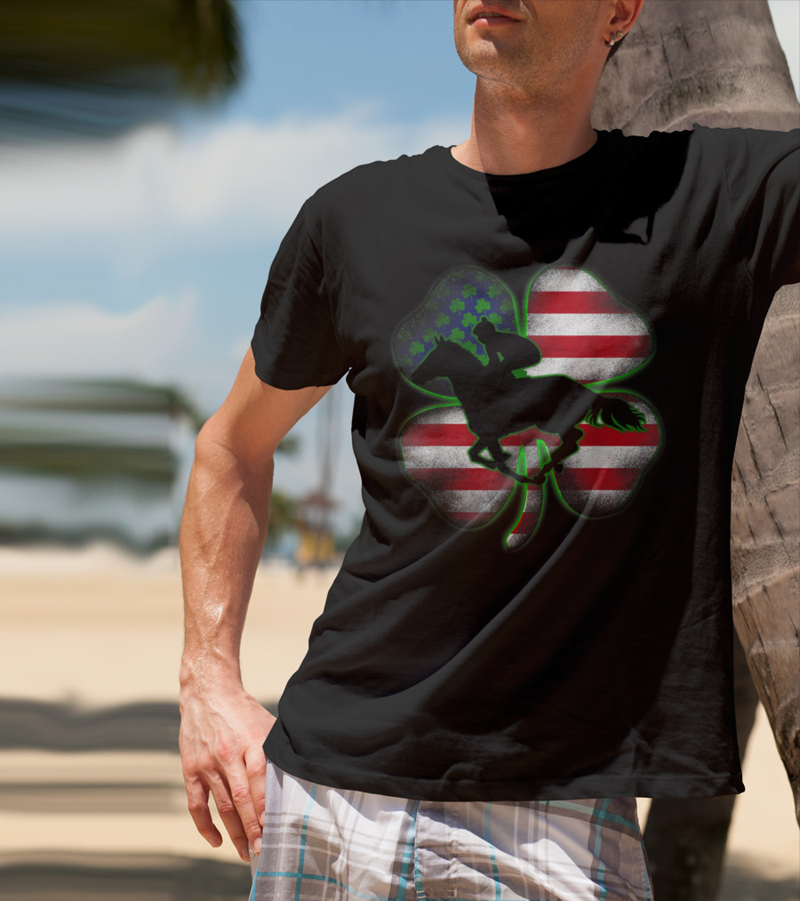 Distressed Horse Racing Shamrocks American Flag St 8W T-Shirt