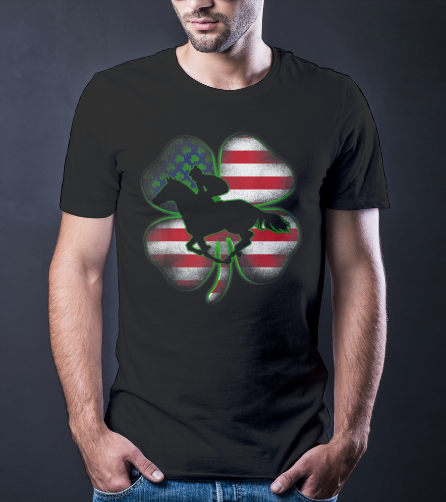 Distressed Horse Racing Shamrocks American Flag St 8W T-Shirt