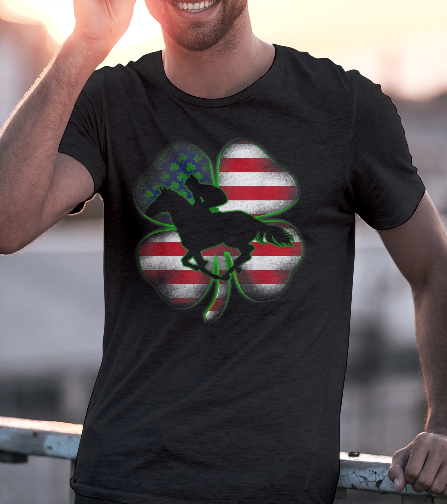 Distressed Horse Racing Shamrocks American Flag St 8W T-Shirt
