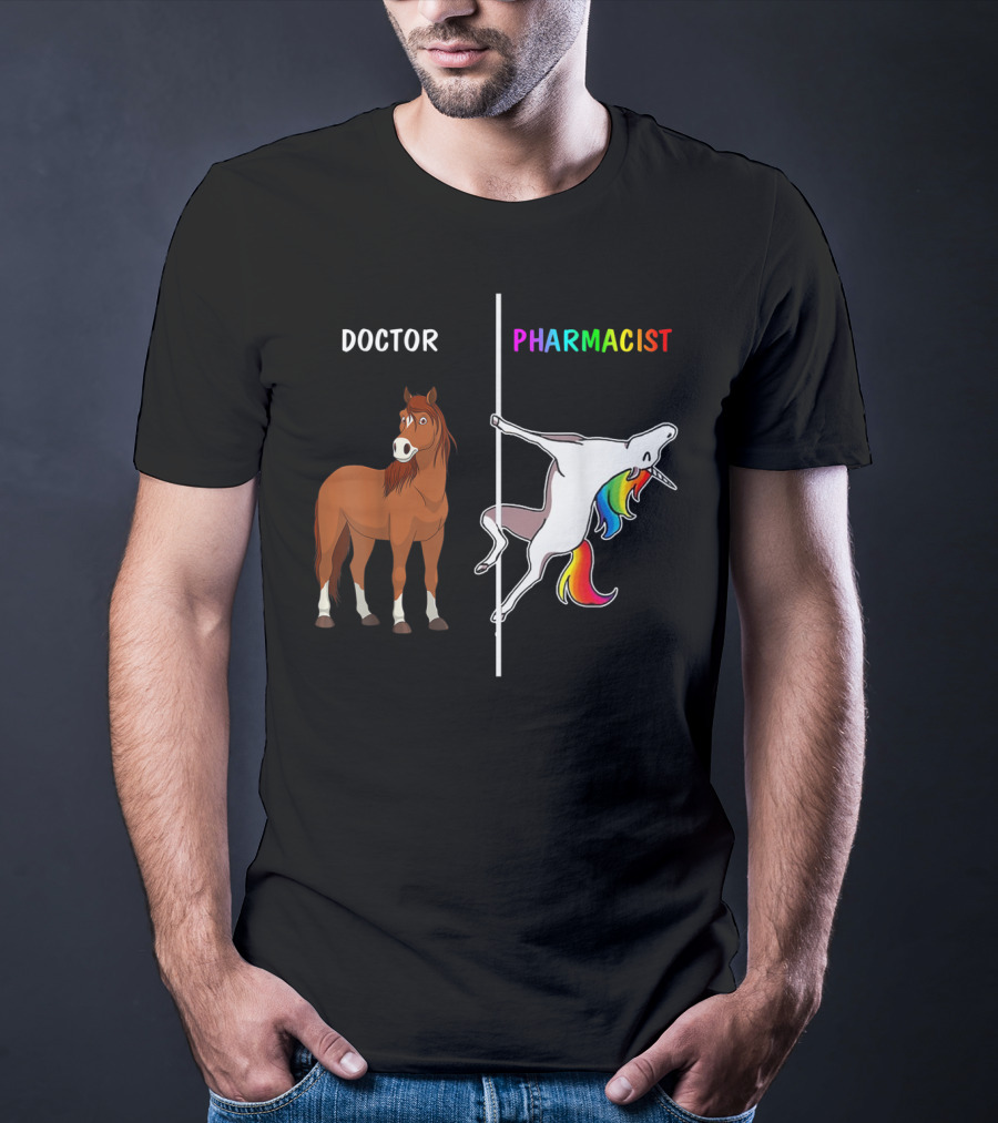 Doctor Horse Vs. Pharmacist Unicorn Rainbow Contrast T-Shirt