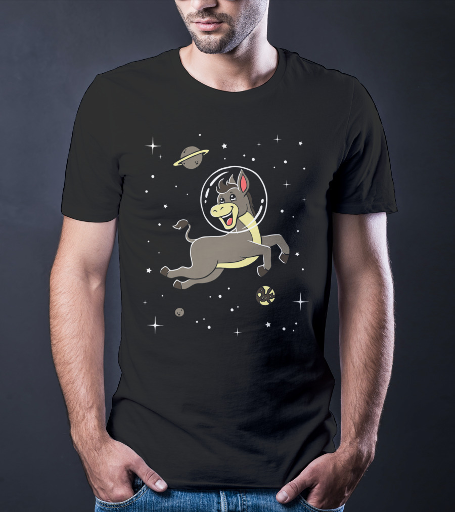 Space Adventure Cute Cartoon Donkey Horse With Astronaut Helmet T-Shirt