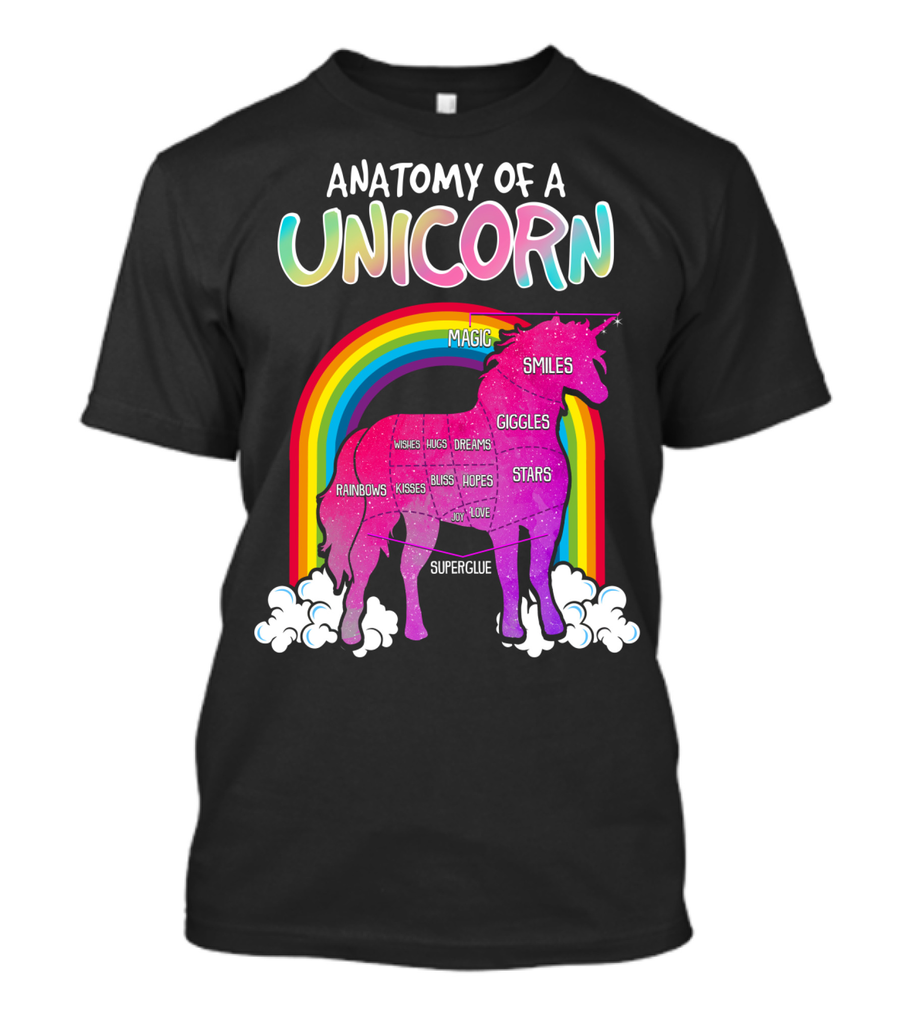 Anatomy Of A Unicorn Rainbows Magic Smiles Giggles Wishes Dreams Hopes Stars Superglue T-Shirt