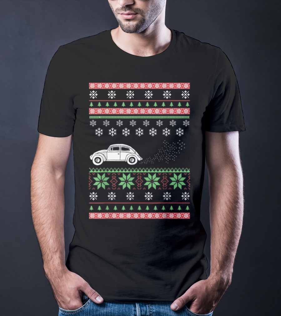 Classic Car Ugly Christmas Sweater Style Snowflakes And Trees T-Shirt
