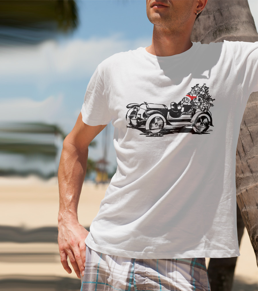 Santa Driving Vintage Car With Christmas Tree Load T-Shirt