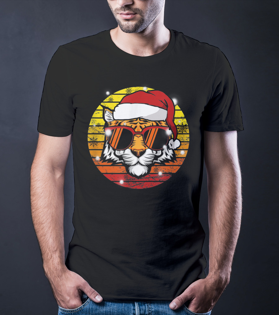 Christmas Tiger Wearing Vintage Santa Hat With Retro Sunglasses T-Shirt