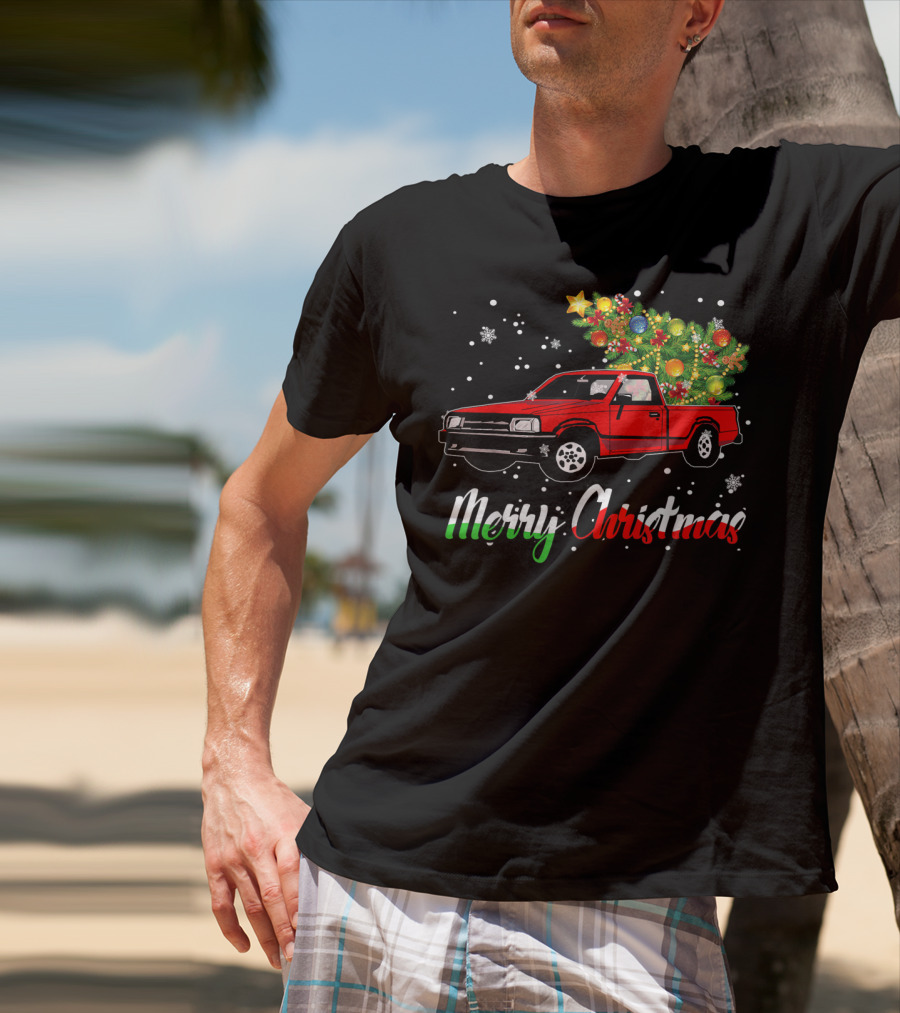Merry Christmas Classic Old Red Truck With Christmas Tree And Snowflakes T-Shirt