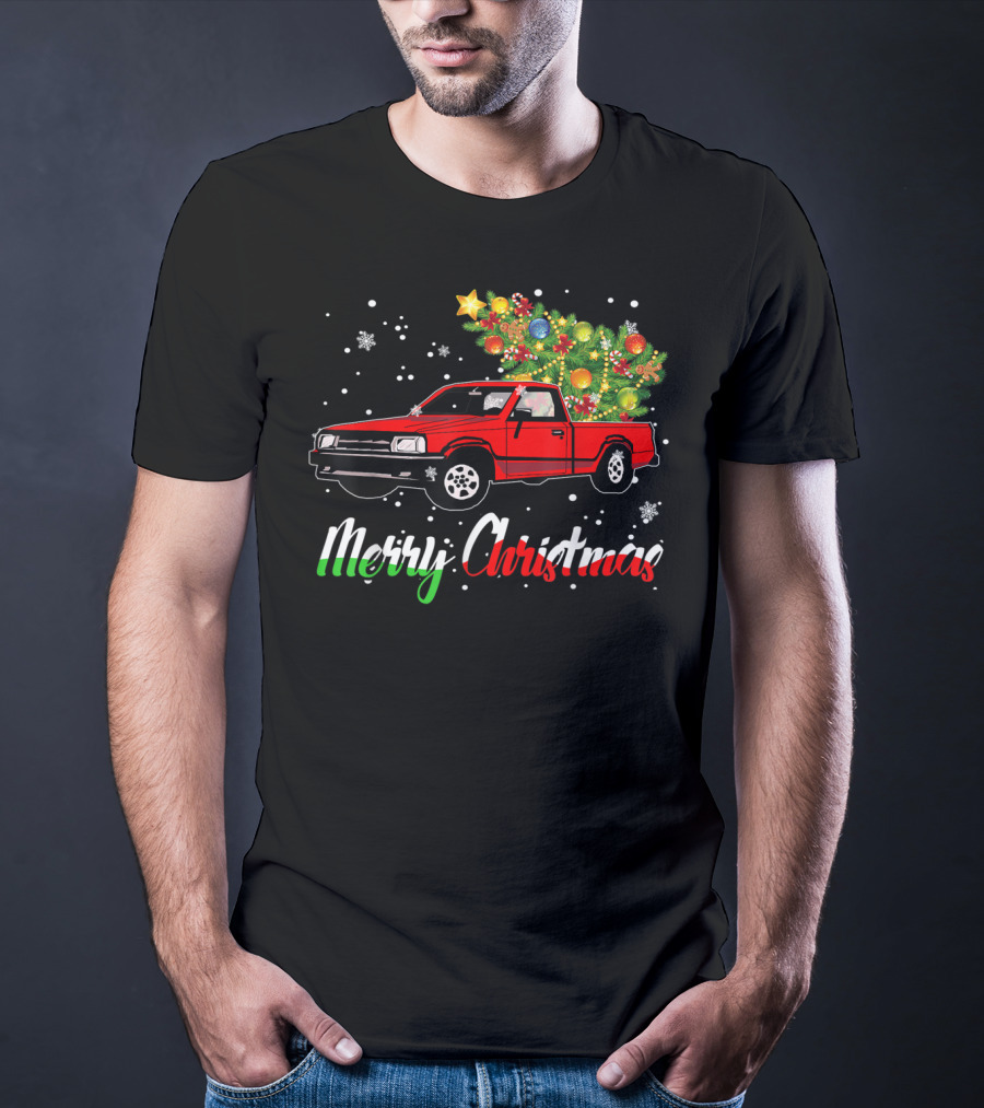 Merry Christmas Classic Old Red Truck With Christmas Tree And Snowflakes T-Shirt
