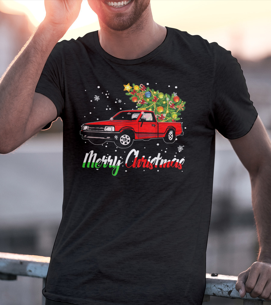 Merry Christmas Classic Old Red Truck With Christmas Tree And Snowflakes T-Shirt
