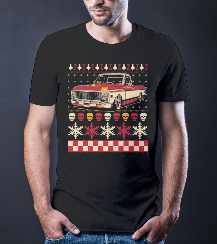 Classic Antique Pickup Truck Ugly Christmas Sweater Skulls Snowflakes T-Shirt