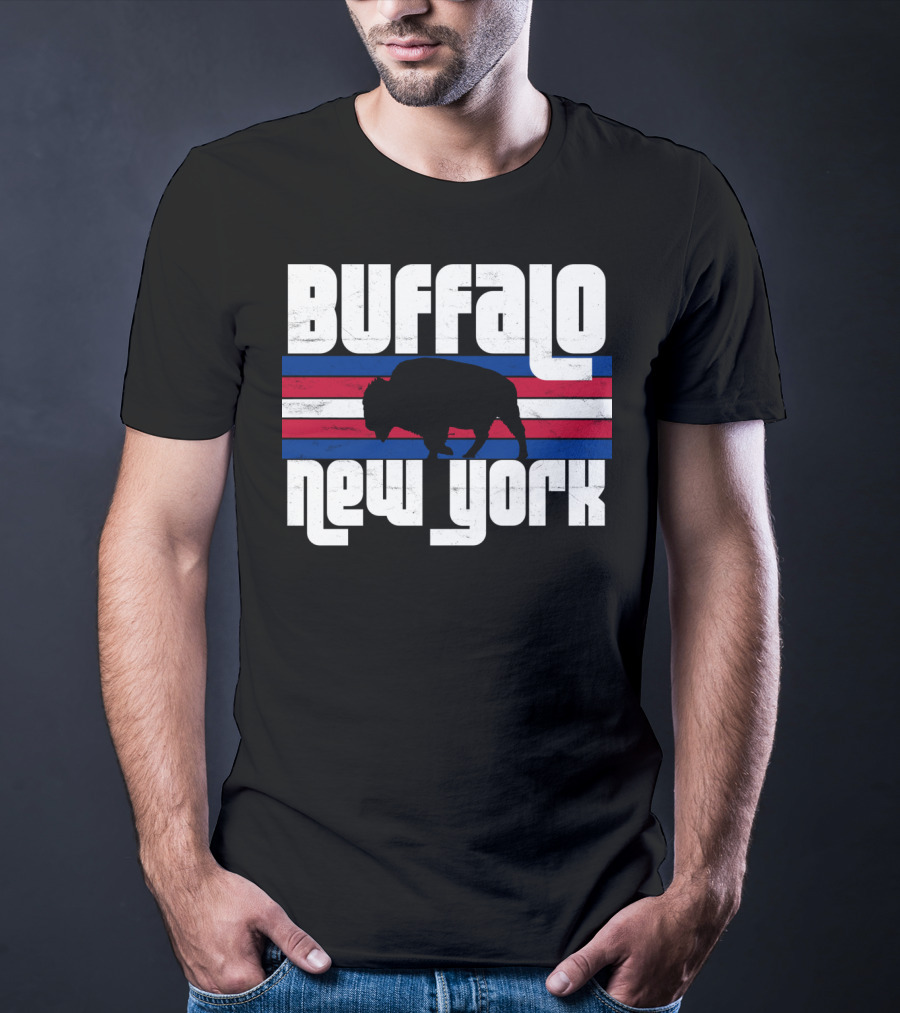 Buffalo New York Bison Silhouette Retro Stripes T-Shirt