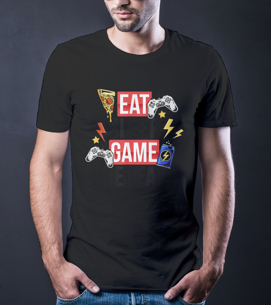 EAT SLEEP GAME REPEAT Pizza Controllers Lightning Energy T-Shirt