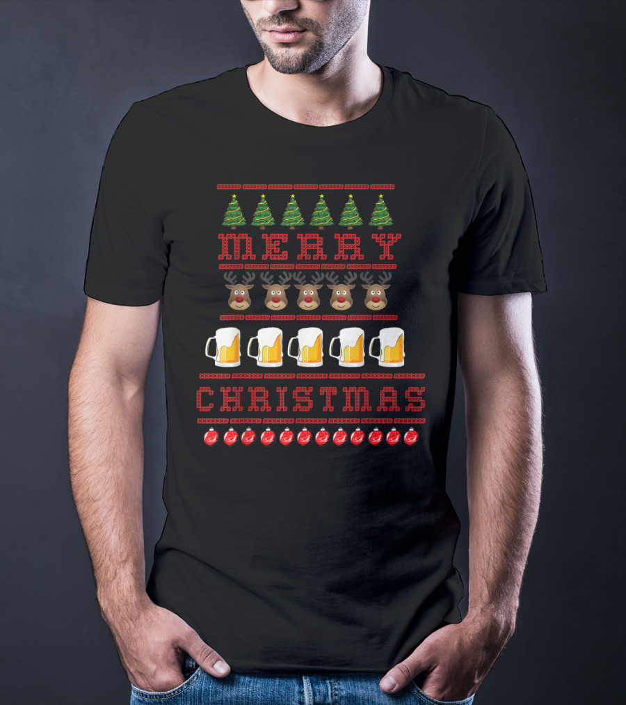 Merry Christmas Reindeer Beer Festive Ugly T-Shirt