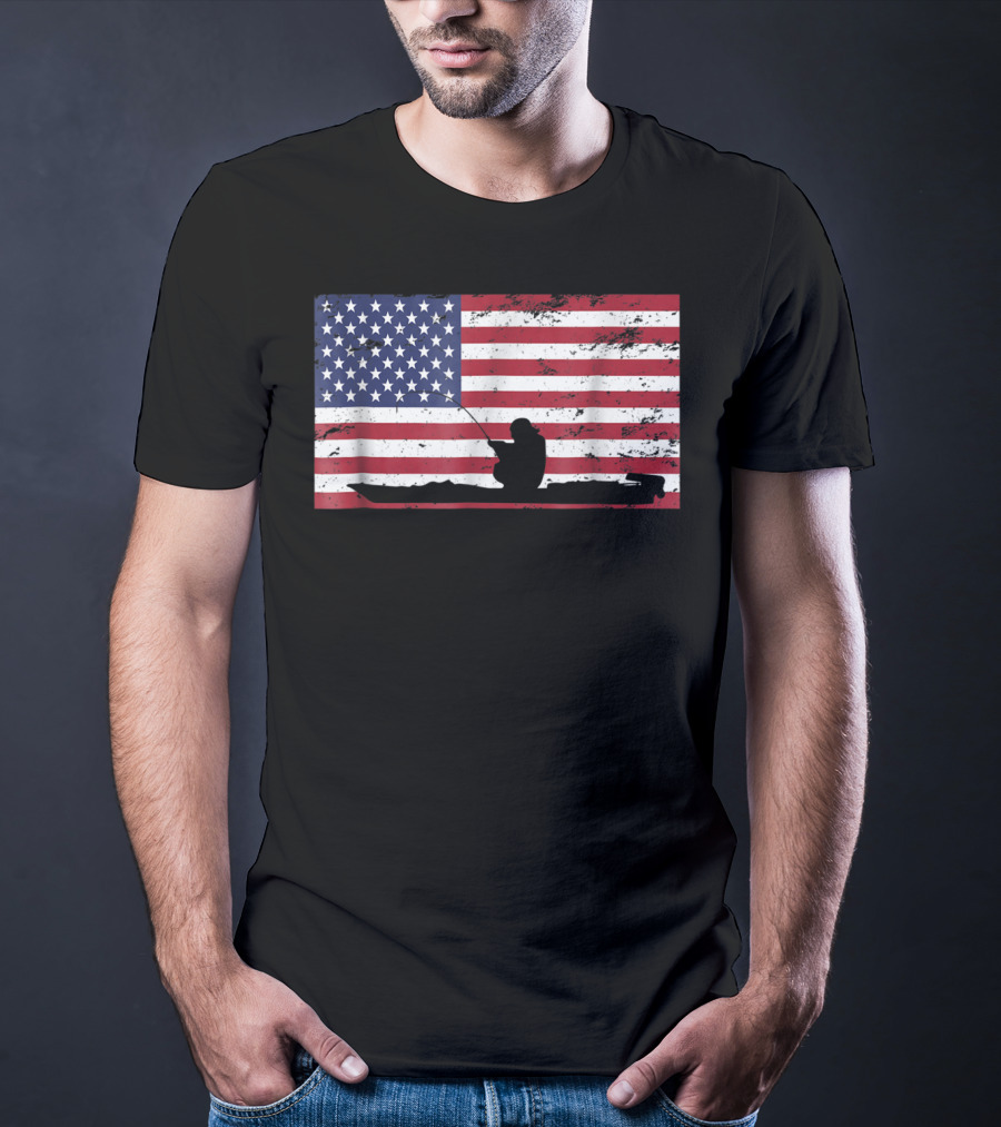 Kayak Fishing Silhouette On Distressed American Flag T-Shirt