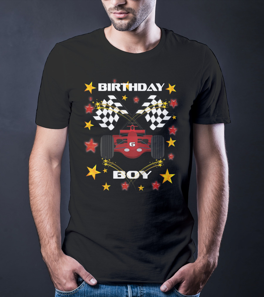 Birthday Boy 6 Racing Car Checkered Flags And Stars T-Shirt