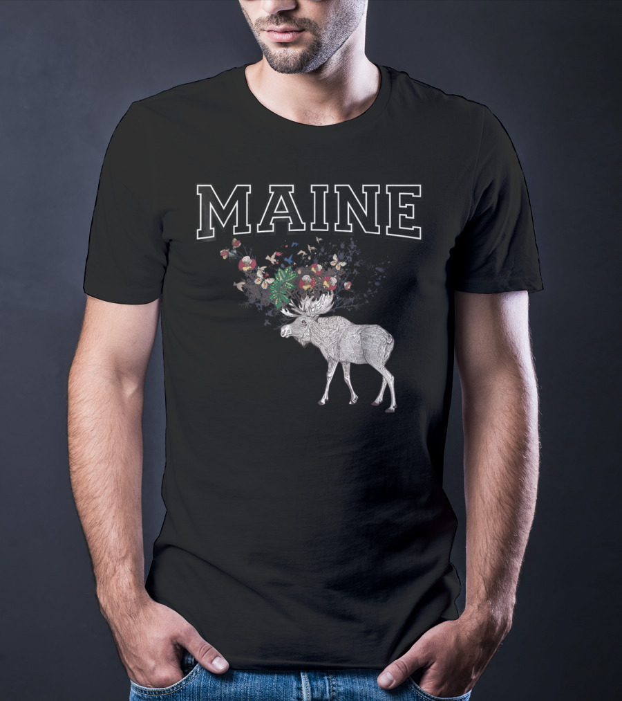 Maine Moose With Floral Antlers T-Shirt