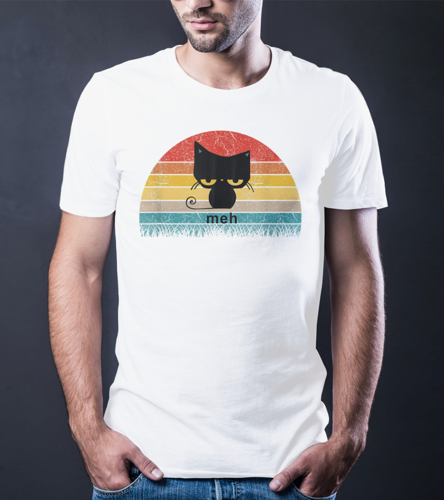 Meh Black Cat Retro Sunset Funny Cat Lovers T-Shirt