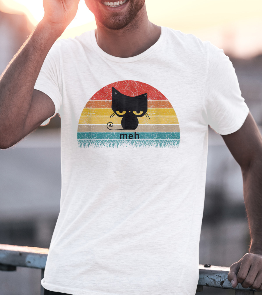 Meh Black Cat Retro Sunset Funny Cat Lovers T-Shirt